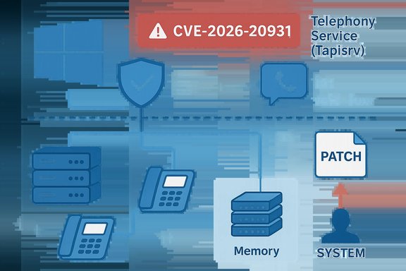 Infographic highlighting CVE-2026-20931 vulnerability in Telephony Service (Tapisrv) with patch.
