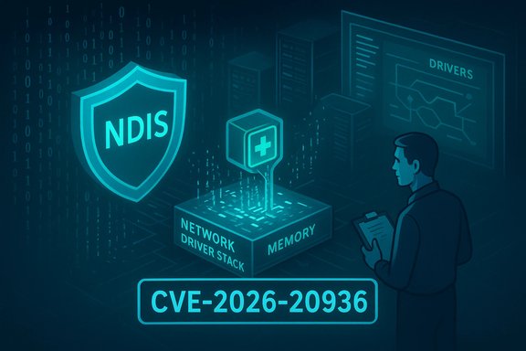 Cybersecurity illustration showing NDIS shield, memory and network drivers, with a CVE-2026-20936 tag.