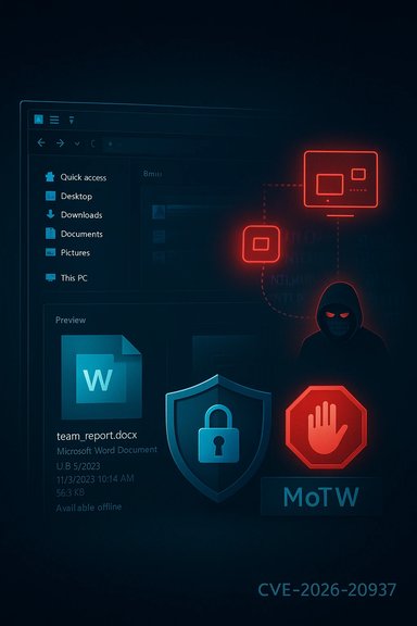 Dark computer screen shows a neon red hacker figure and security icons, CVE-2026-20937.