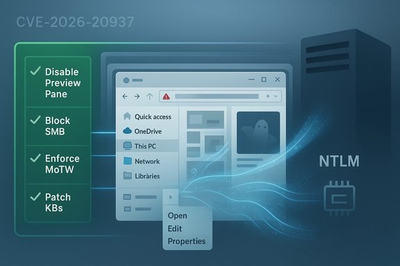 Concept illustration of patching CVE-2026-20937 on a Windows NTLM server.