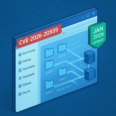 A computer window displays a CVE-2026-20939 alert with a January 2026 update badge.