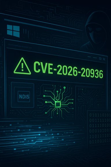Hacker-themed warning displays CVE-2026-20936 over a circuit-board background.
