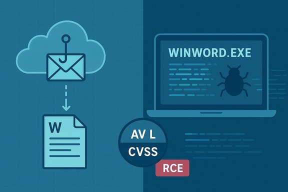 A cloud email delivers a Word document that exploits WinWord.exe, enabling remote code execution (RCE).
