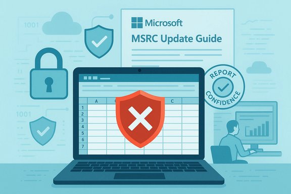 Microsoft MSRC Update Guide shown with a shielded laptop and security icons guarding data.