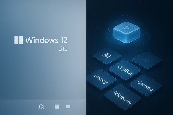Windows 12 Lite on the left; the right shows AI, Copilot, and privacy tiles.