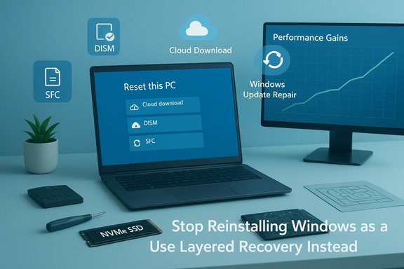 Desk setup promoting Windows recovery with Reset this PC options and a performance chart.