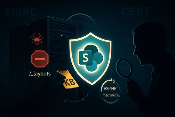 A security analyst examines a server guarded by a glowing shield, annotated with ASP.NET and machineKey.