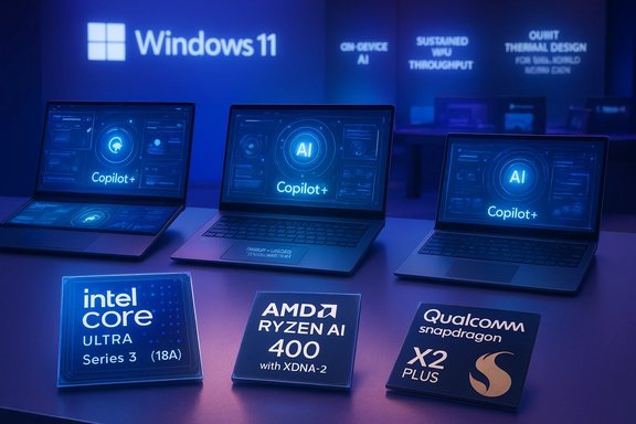 Windows 11 AI Copilot+ laptops on display, featuring Intel Core Ultra, AMD Ryzen AI 400, and Snapdragon X2 Plus.