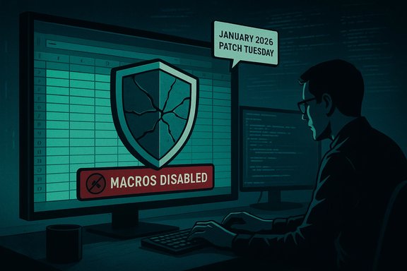 Programmer at a computer views a cracked shield with “Macros Disabled” on Patch Tuesday.