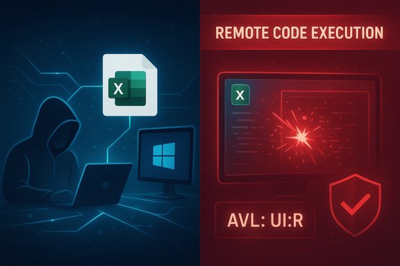 A hooded hacker on a laptop contrasts with a red alert about remote code execution in Excel.