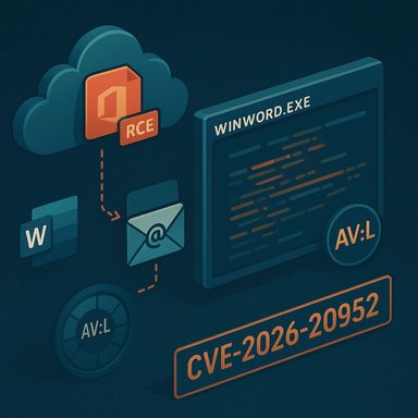Infographic illustrating a CVE-2026-20952 exploit chain targeting WinWord.exe with remote code execution.