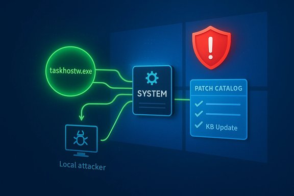 Cybersecurity diagram: local attacker exploiting taskhostw.exe to reach the system and patch catalog.