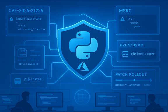 Blue tech infographic with a Python shield and interconnected code blocks about patching and Azure.