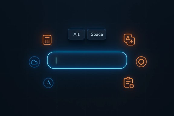 A neon blue futuristic keyboard layout with Alt and Space keys and a glowing input bar.