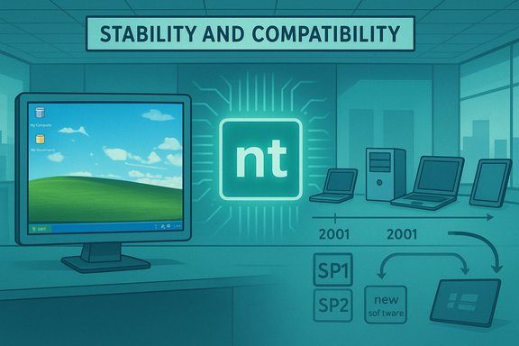 Illustration of stability and compatibility in Windows NT-era tech, with a PC, NT chip, and software timeline.