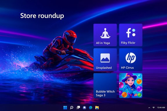 Neon blue store roundup UI with app tiles beside a jet-ski rider.