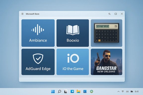 Microsoft Store window with six blue tiles: Ambiance, Booxio, AdGuard Edge, iO the Game, and Gangstar.