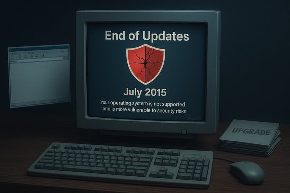An old CRT monitor shows “End of Updates” with a cracked shield, urging an upgrade for security.