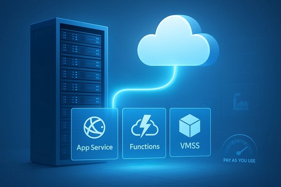 Blue-toned data server links to a cloud, highlighting App Service, Functions, and VMSS.