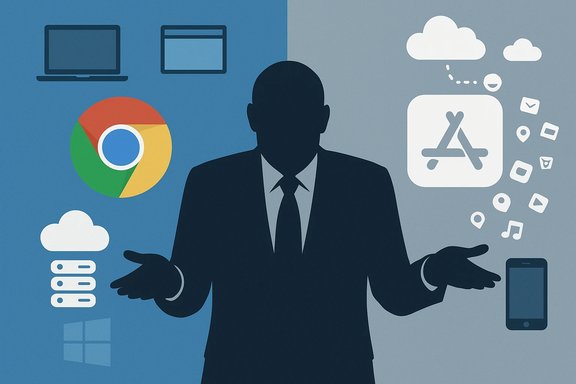A silhouette of a businessperson stands between cloud and app icons, symbolizing digital tech management.