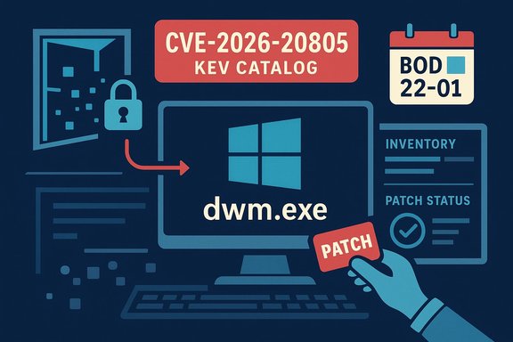 Illustration of patching dwm.exe for CVE-2026-20805 on a Windows system.