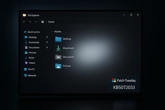 Dark-mode Windows File Explorer displaying Home shortcuts with a Patch Tuesday KB5072033 badge.