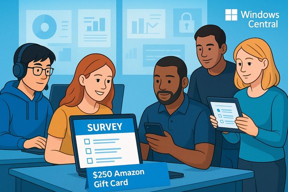 A diverse group collaborates on a survey at Windows Central, aiming for a $250 Amazon gift card prize.