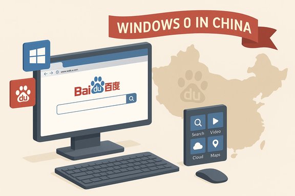 Illustration of a computer displaying Baidu search with Windows icons and China's map in the background.