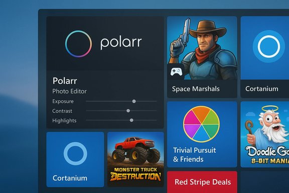 Tile-based app dashboard with Polarr Photo Editor and various game/app tiles.
