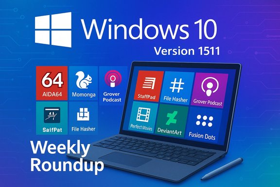 Windows 10 Version 1511 weekly roundup featuring colorful app tiles on a laptop. Windows 10 Version 1511 weekly roundup featuring colorful app tiles on a laptop.