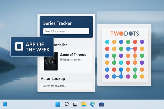 Floating app cards on a blue Mac desktop, featuring Series Tracker and App of the Week.
