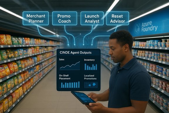 A man in a grocery store reviews holographic CINDE Agent dashboards on a tablet (sales, inventory, promotions).