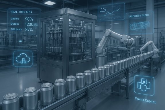 Automated can production line with a robotic arm and holographic dashboards showing real-time KPIs.