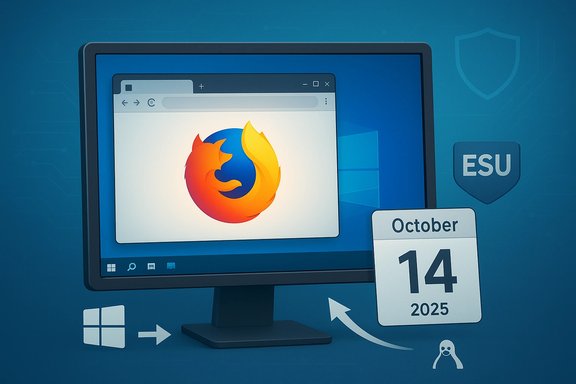 Firefox logo displayed on a Windows desktop beside an October 14, 2025 calendar.