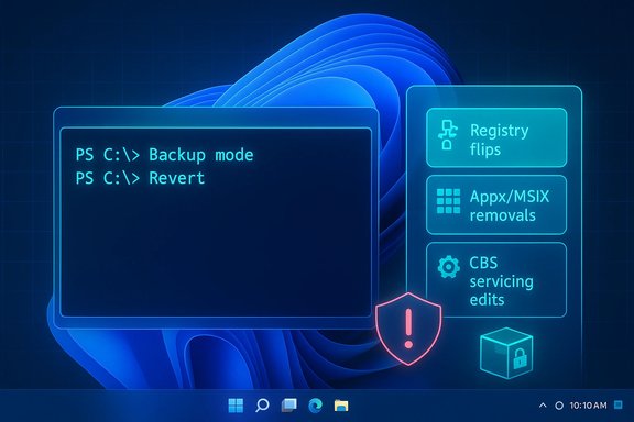 Futuristic Windows UI showing PowerShell backup/revert commands and repair options with a shield.
