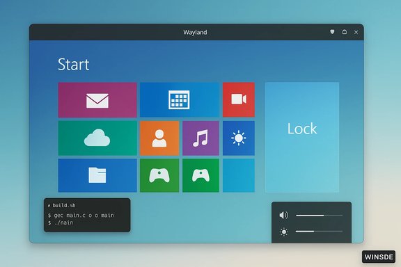 Windows-style Start screen with colorful tiles, a Wayland title bar, and on-screen widgets.