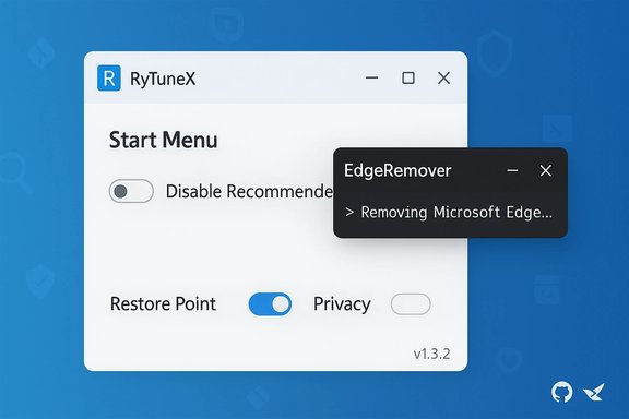 RyTuneX Start Menu window featuring a pop-up: EdgeRemover removing Microsoft Edge.