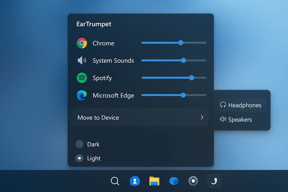 Per-app volume mixer (EarTrumpet) with sliders and device options on a blue UI.