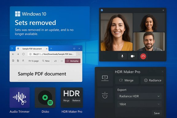 Windows 10 desktop with Sets removed alert, PDF viewer, video call, and HDR tools. Windows 10 desktop with Sets removed alert, PDF viewer, video call, and HDR tools.
