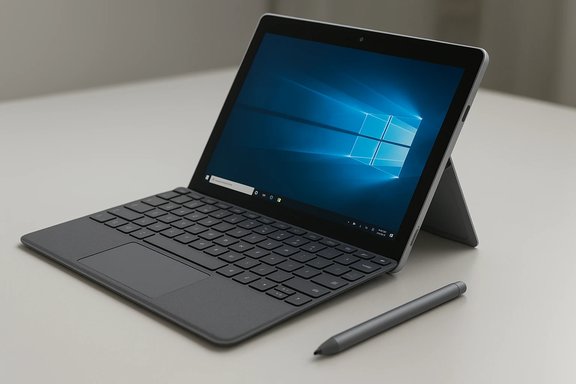 A Windows tablet with a detachable keyboard and stylus on a desk.
