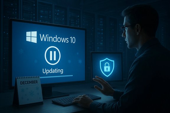 A man updates Windows 10 on a desktop in a server room, with a glowing shield on a second screen.