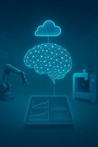 Neon cloud links to a neural-network brain above a control panel in a robotic lab.