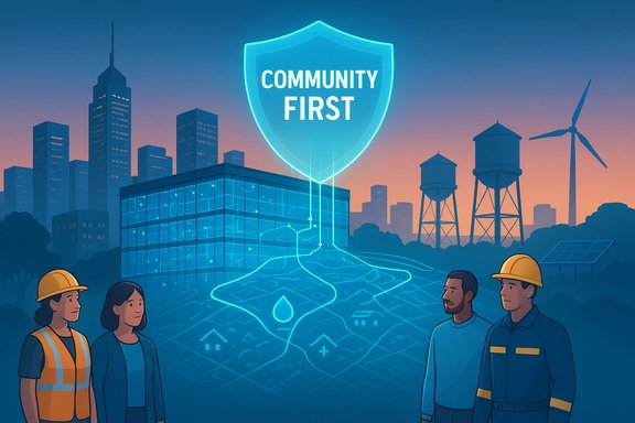 Neon shield reading COMMUNITY FIRST hovers over a glowing city map guiding sustainable infrastructure.