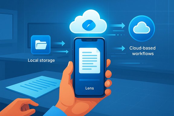 A hand holds a smartphone displaying a document, with cloud storage and cloud-based workflows icons.