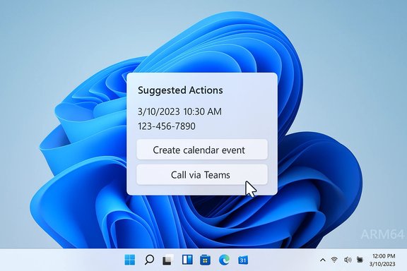 Windows 11 desktop with a Suggested Actions popup offering 'Create calendar event' and 'Call via Teams.'