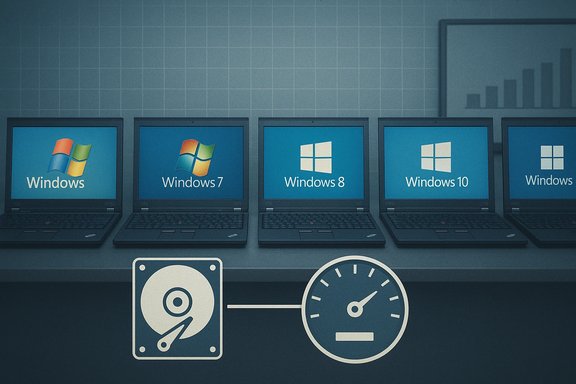 Row of laptops shows Windows versions (7, 8, 10) with a hard drive and speed gauge icon.