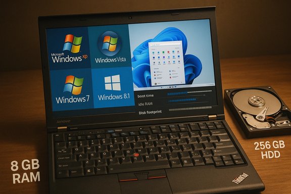 Lenovo laptop displaying Windows tiles (XP, Vista, 7, 8.1) with 8 GB RAM and 256 GB HDD.