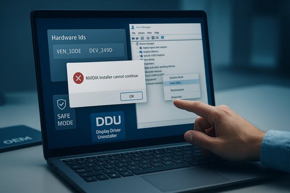 Laptop shows NVIDIA Installer cannot continue error with the DDU uninstaller UI.