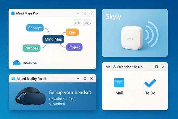 Four floating Windows-style app windows on a blue desktop: Mind Maps Pro, Skyly, Mixed Reality Portal, and Mail & To Do.