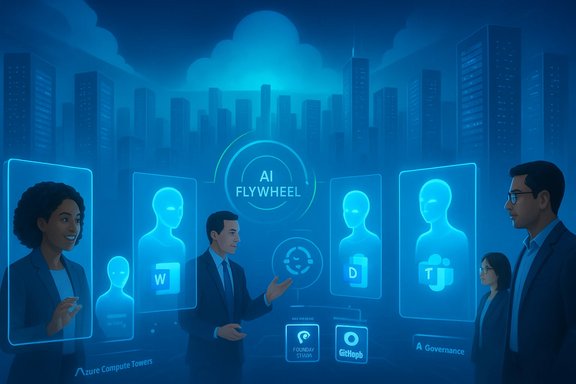 A futuristic AI hub with holographic avatars around the AI Flywheel concept.